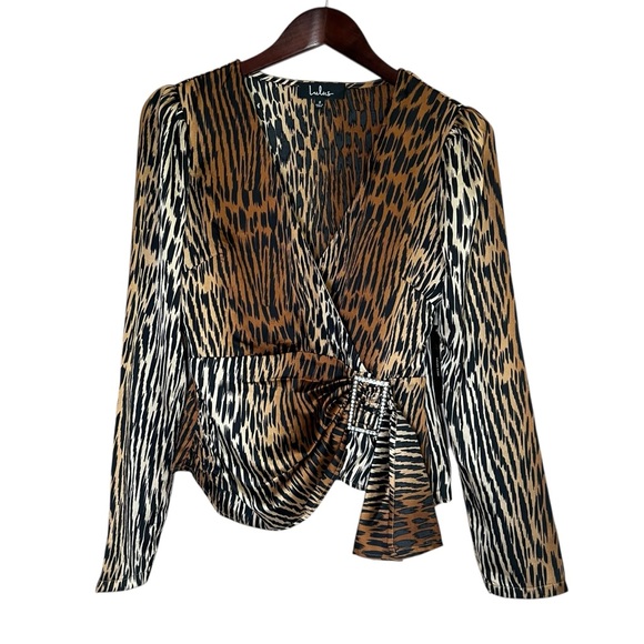 Lulus Fierce Ambition Brown Tiger Print Long Sleeve Top Sz Small NEW Faux Wrap - Picture 4 of 9